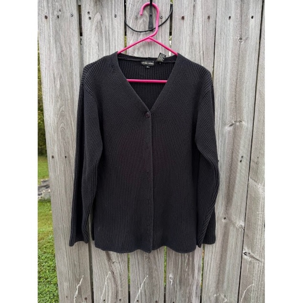 Minimalist Dark Academia Jeanne Pierre Cardigan S Black Ribbed Knit V-Neck